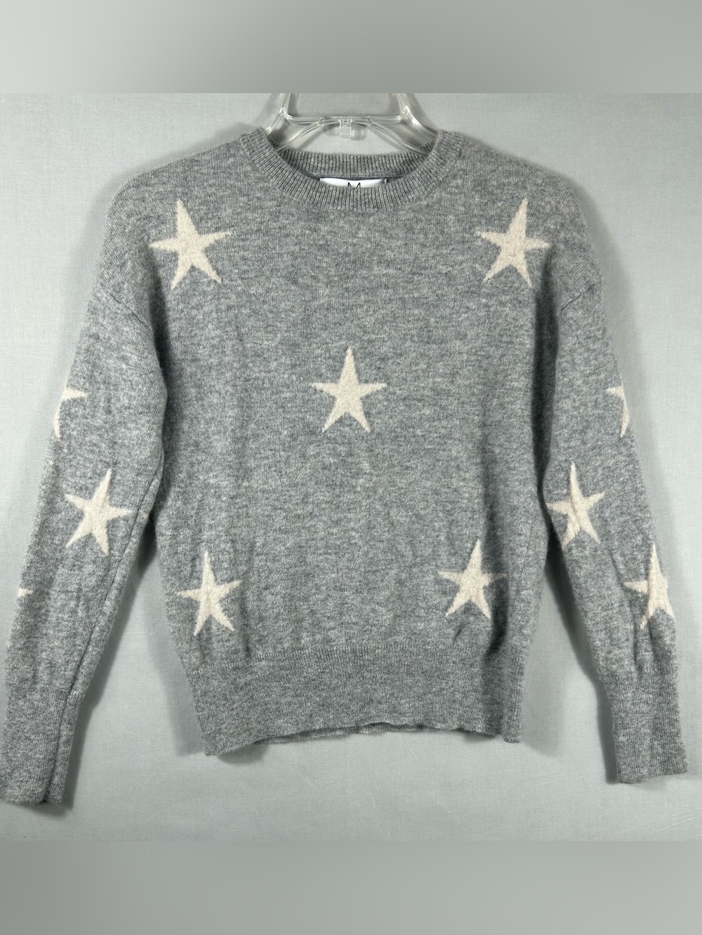 Magaschoni Sweater Women Small 100% Cashmere Star Crew Neck Gray White Celestial